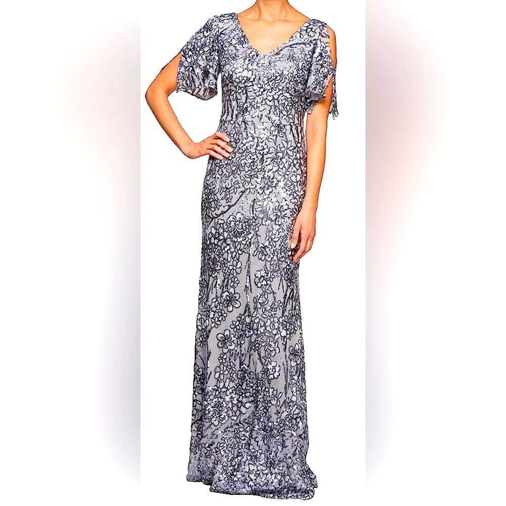 Alex Evenings sequin dress. Laced cold-shoulder long evening gown